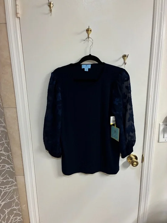 NWT CeCe Navy Floral Sheer Sleeve Blouse Sz M - Picture 2 of 9